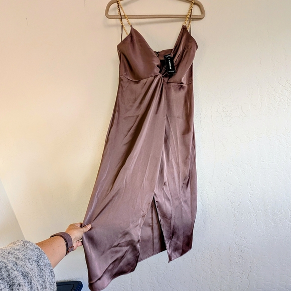 Express Satin Slip Dress in Mauve Taupe with Chain Straps Midi - Picture 3 of 12
